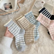 格子驼绒袜子女秋冬季加绒加厚中筒袜女士粉色可爱保暖地板袜长袜