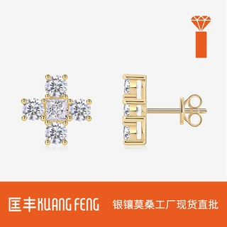 S925银镀金十字架莫桑石欧美跨境低敏耳钉首饰现货批发ins耳钉