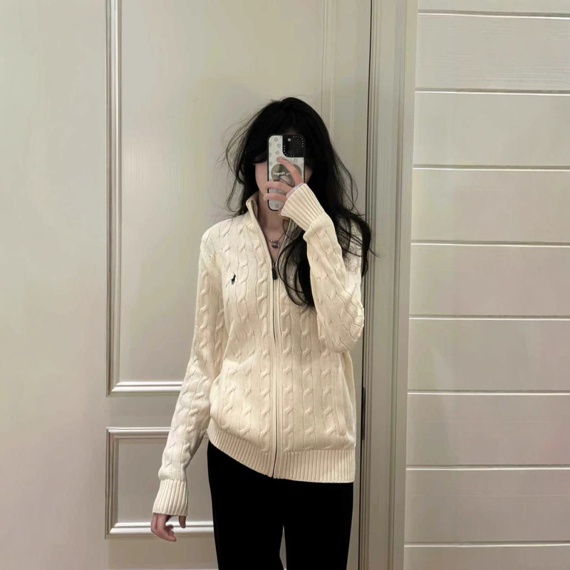 Cross-Border New Style Rl Classic Small Label Embroidered Logo Full Zipper Knitted Cable Cardigan Sweater for Men and Women