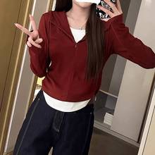 秋季缩腰褶皱大码女装连帽假俩件半拉链长袖t恤女包肩包领上衣女