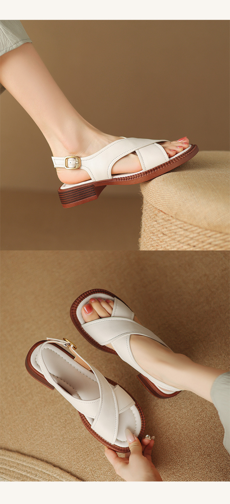 Sandal hở mũi nữ gót thấp 3.5 cm quai chéo da cừu phong cách La Mã — màu trắng ngà chi tiết 9