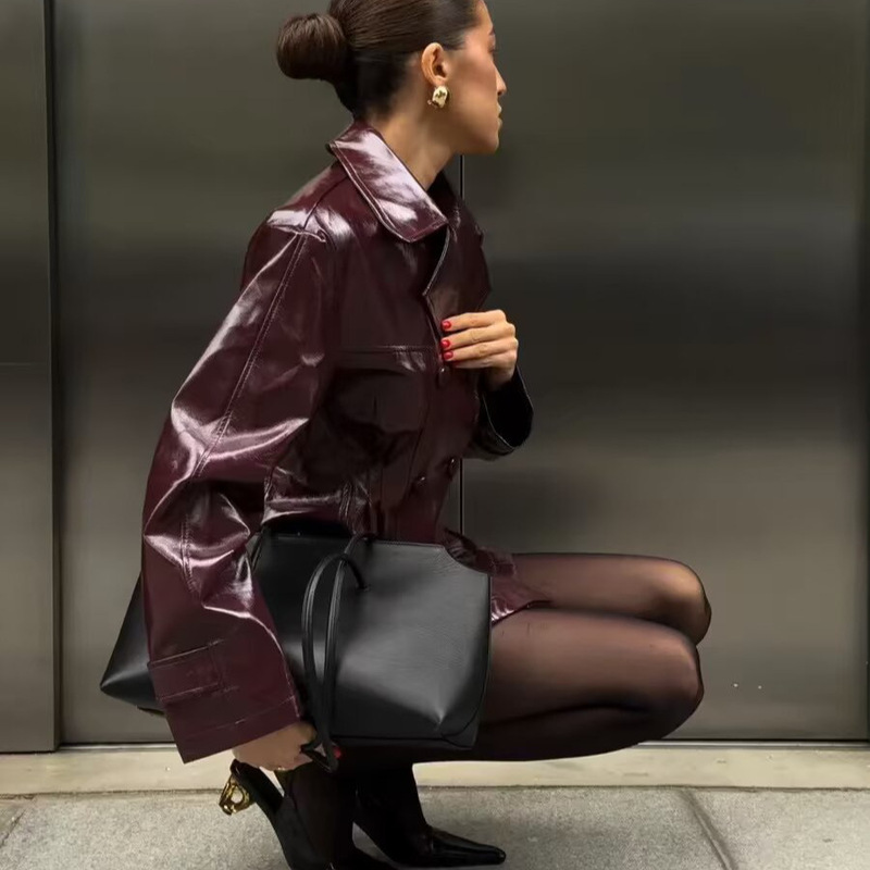 Foreign Trade Women's Leather Skirt Short Skirt Street Fashion Leather Outfit Double-Breasted Waist-Cinching Jacket A-Line Skirt Two-Piece Set Foreign Trade Women's Leather Skirt Short Skirt Street Fashion Leather Outfit Double-Breasted Waist-Cinching Jacket A-Line Skirt Two-Piece Set