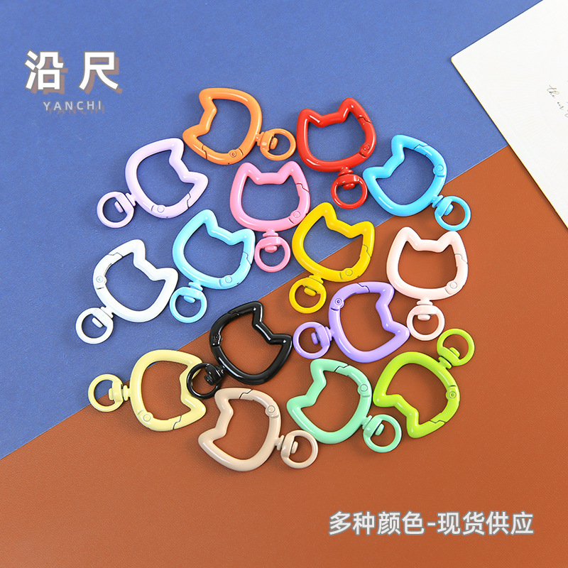 New Colorful Painted Cat Head Key Spring Clip DIY Handmade Material Accessories Bag Hanging Hook Rotating Wholesale