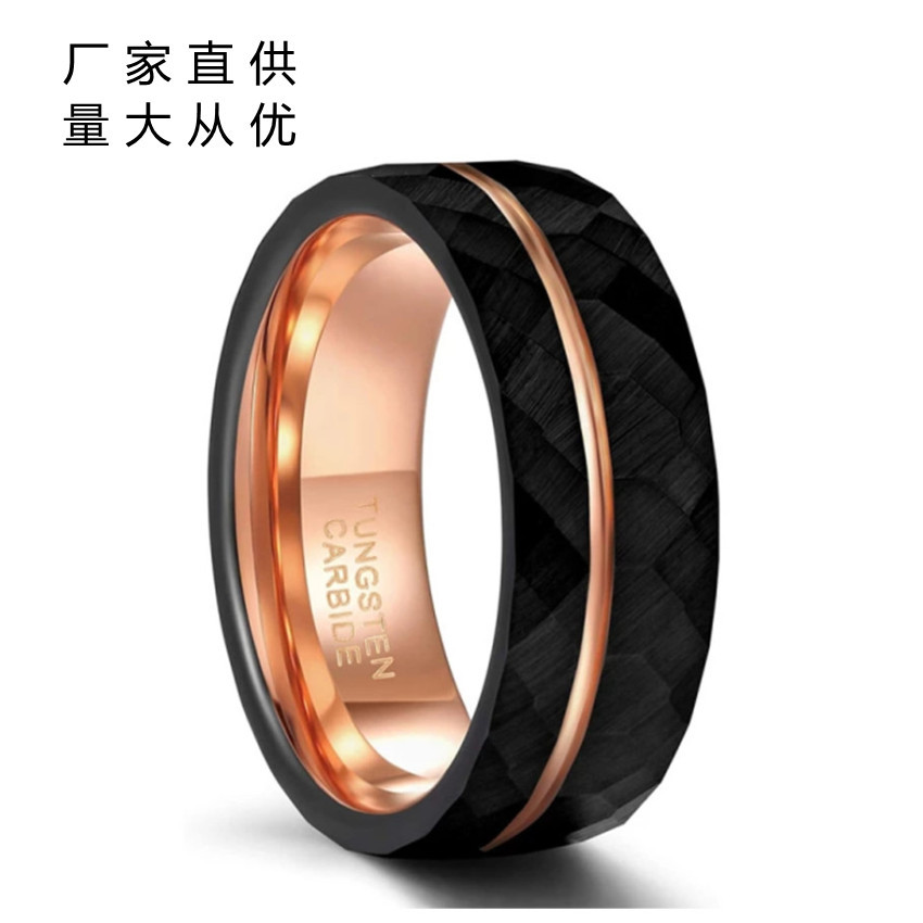 跨境商家亚马逊857钨钢戒指砂面花玫瑰金+黑双色男士戒指指环