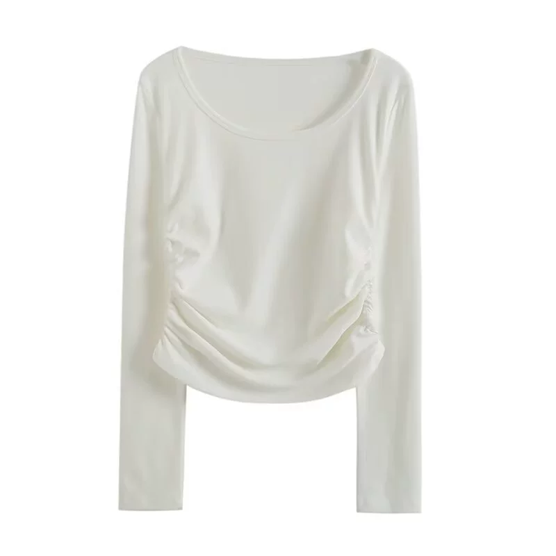 Трансграничная женская одежда оптом в европейском и американском стиле с круглым вырезом и плиссировкой с длинными рукавами, утягивающая нижняя рубашка, топ, французская футболка Pure Desire