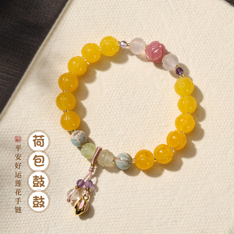 寺廟款~超仙甜美小清新手串原創瑪瑙水晶蓮花新中式女氣質穗手鍊