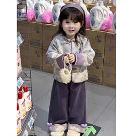 女童套装金丝提花新款2025新中式儿童汉服裤子国风中式加绒两件套