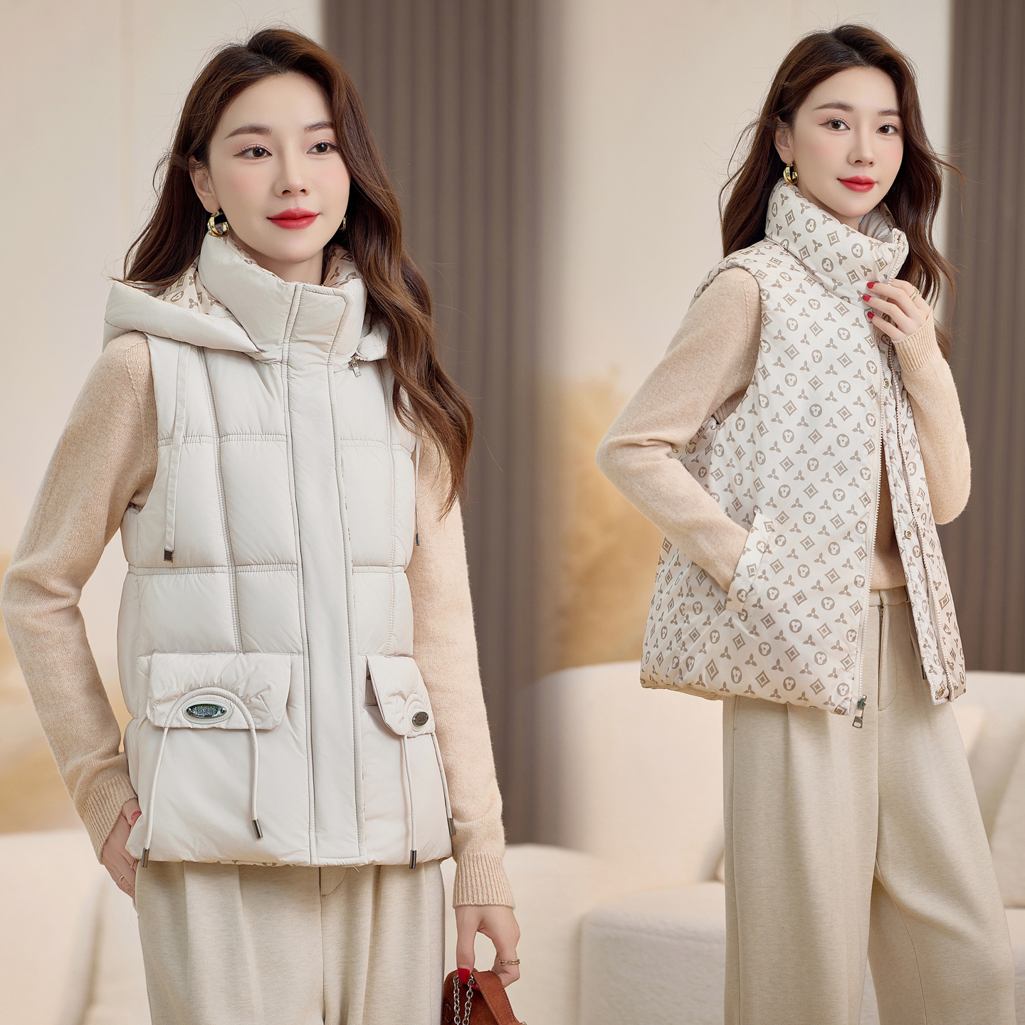 2025 otoño y invierno nuevo chaleco de algodón de pluma alta sensación de mujer con capuzas caliente moda gruesa abrigo de algodón sin mangas