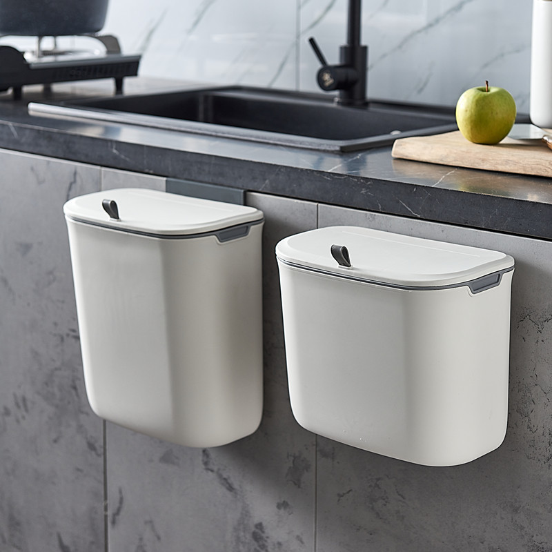 Cubo de basura de la cocina del hogar Puerta del Gabinete colgando cubo de plástico sin perforaciones con tapa bote de basura adhesivo inodoro