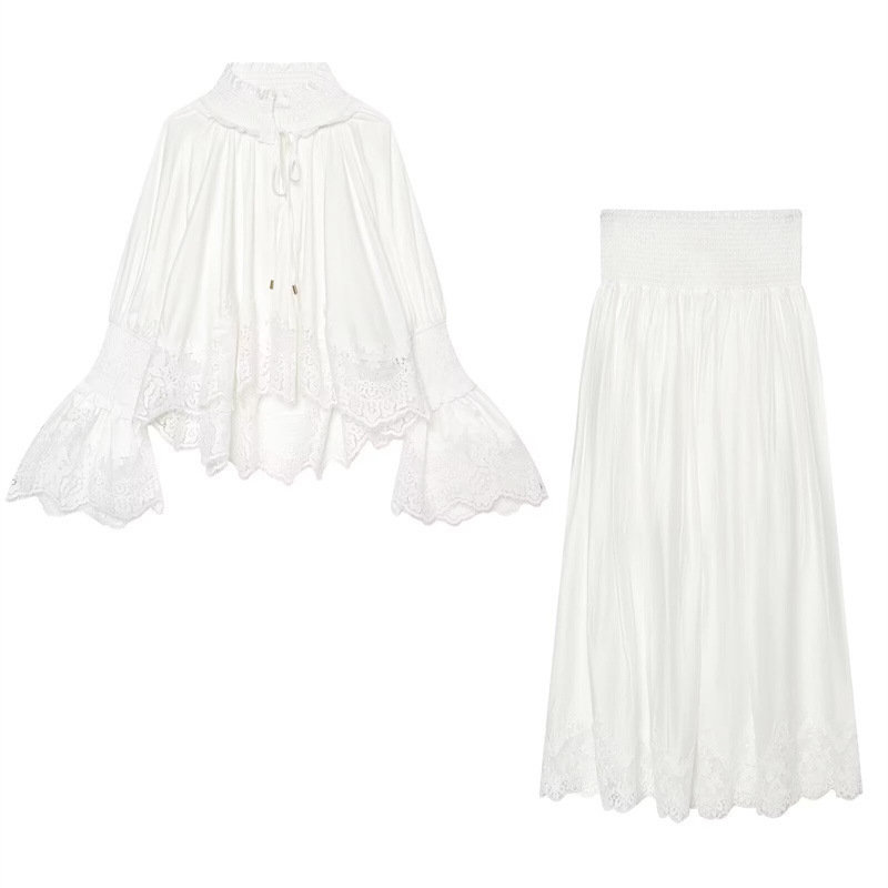 2026 Summer Women's Lace Embroidery Flared Cuff Resort Style Top + Pleated Skirt 1342547 2026 Summer Women's Lace Embroidery Flared Cuff Resort Style Top + Pleated Skirt 1342547