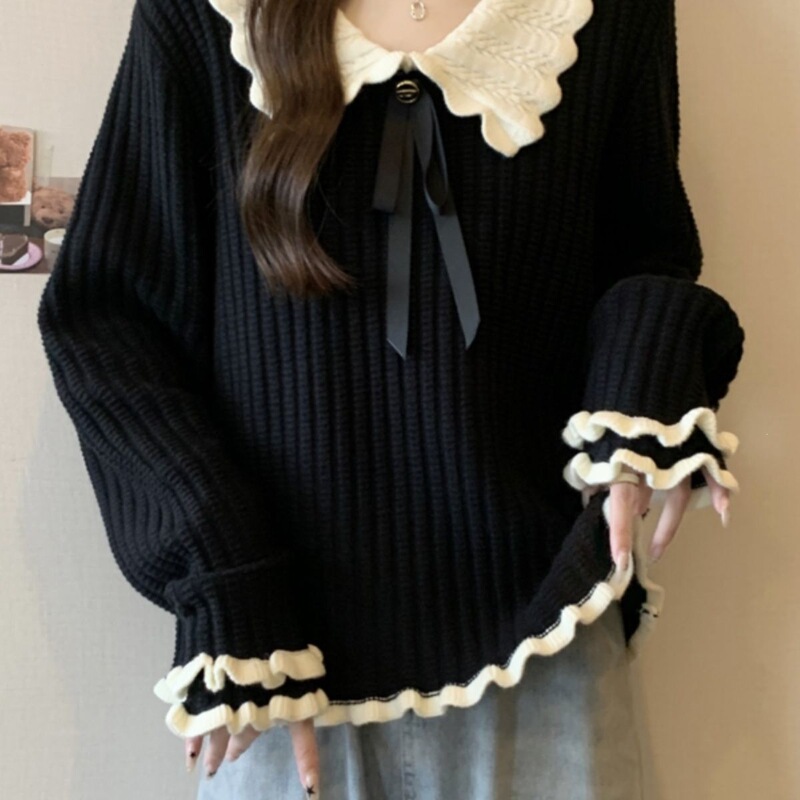 Plus-size stylish color-blocked doll collar knit sweater, long-sleeved, for women, autumn and winter, loose fit, slimming, suitable as a base layer top Plus-size stylish color-blocked doll collar knit sweater, long-sleeved, for women, autumn and winter, loose fit, slimming, suitable as a base layer top