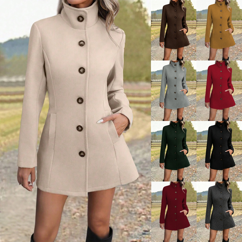 Women's Fashion 2026 Winter New Cross-Border Elegant Commuter Buttoned Coat with Stand Collar, Waist-Cinching, Long-Sleeved Woolen Jacket Women's Fashion 2026 Winter New Cross-Border Elegant Commuter Buttoned Coat with Stand Collar, Waist-Cinching, Long-Sleeved Woolen Jacket