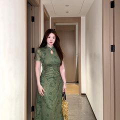 微胖mm新中式国风禅意清冷感绿色旗袍女网纱复古温婉气质连衣裙夏