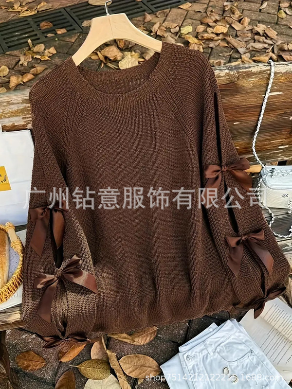 欧美跨境外贸新款女士优雅蝴蝶结装饰毛衣圆领长袖宽松套头衫|undefined