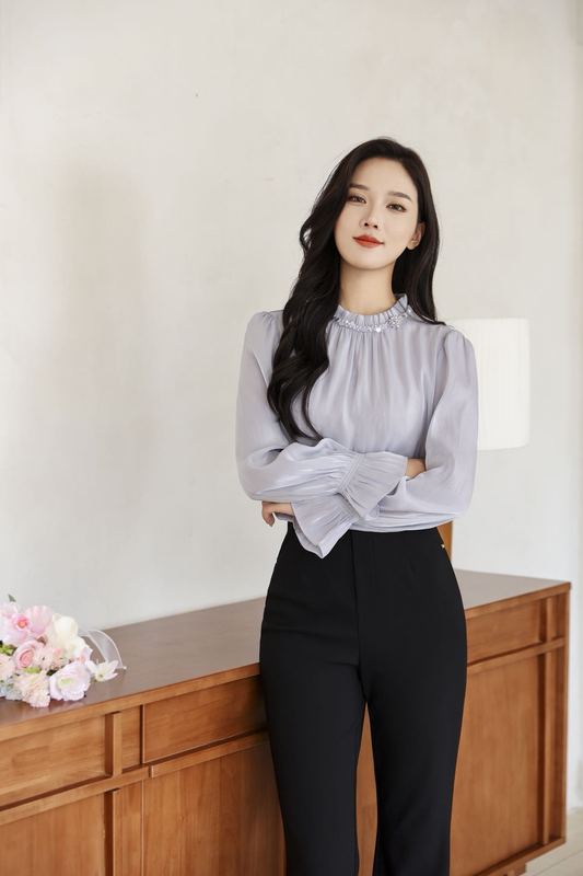 2025春秋季新款时尚长袖气质缎面衬衣女拼接荷叶边洋气显瘦衬衫|undefined