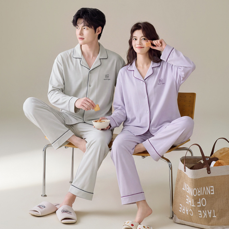 Pure cotton couple pajamas, women's long-sleeved spring and autumn new style, high-end men's loungewear set that can also be worn as outerwear