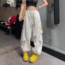 秋季款新款美式高腰抽绳口袋工装裤女酷飒风时尚宽松休闲束脚裤子