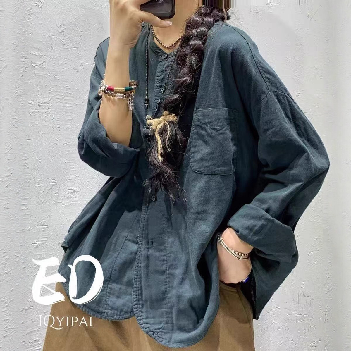 2025 Autumn Korean Version Loose Artistic Youthful Double-Layer Gauze Patch Pocket Round Neck Shirt Versatile Women's Shirt 3700-1