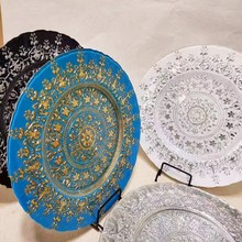 ins热销欧式传统花纹托盘饭店宴会酒店餐厅彩色西餐婚礼玻璃盘子