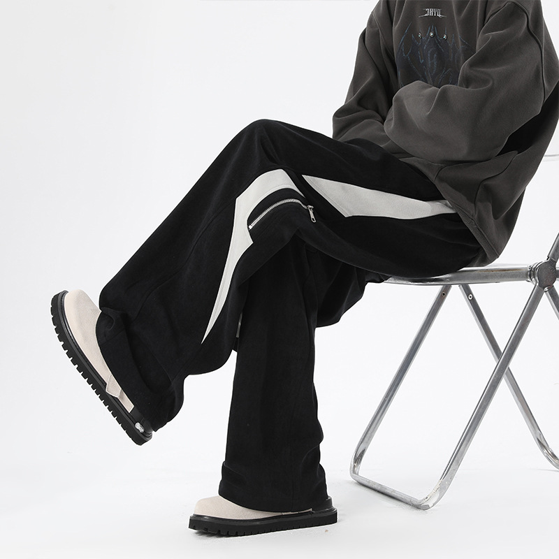 American-style Color-blocking Casual Sweatpants For Men, Spring Autumn Cleanfit Loose Straight-leg Pants, Trendy And_voghion.com