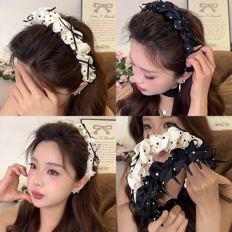 Polka Dot Bow Headband Women's Pleated Wide Sweet Temperament Headband Pressure Hair High Cranial Top Hair Card 2024 New Headwear