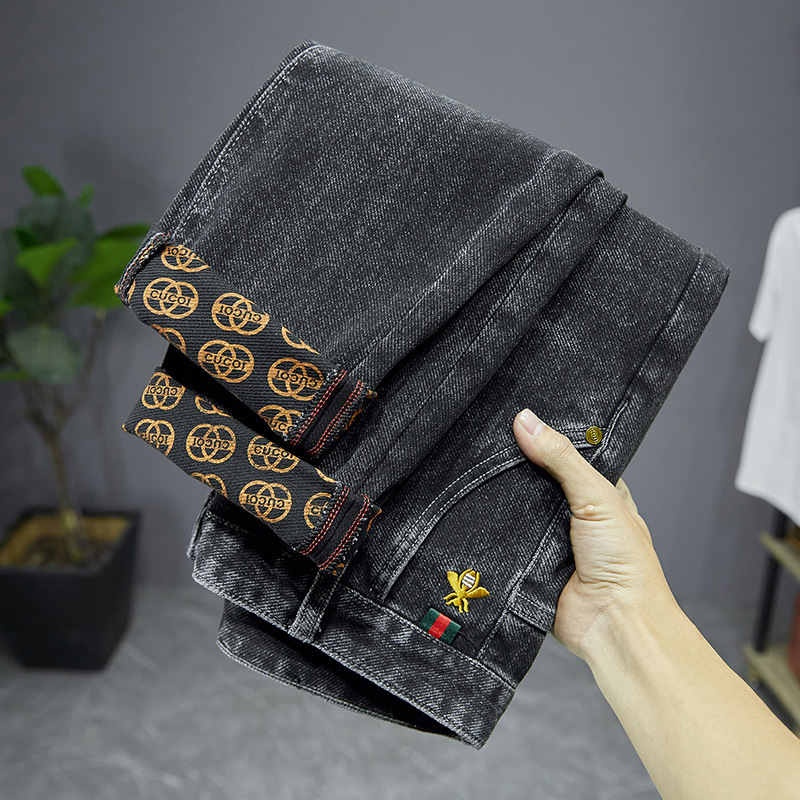 2023 Trendy Brand Bottom Printed Jeans Men's Trendy Brand Slim-Fit Embroidered Men's Casual Outwear Trendy Men's Jeans
