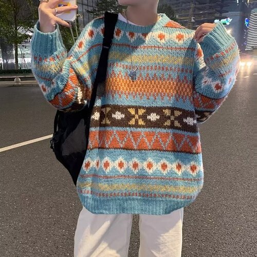 Japanese Retro Sweater for Men, National Trend Ethnic Style Striped Loose Top, Fashion Brand Casual Style Couple Knitwear