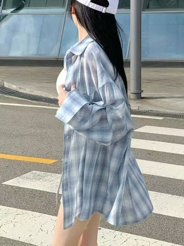 慵懒风复古长袖蓝色格子衬衫设计感宽松休闲春秋polo领上衣外套女|undefined