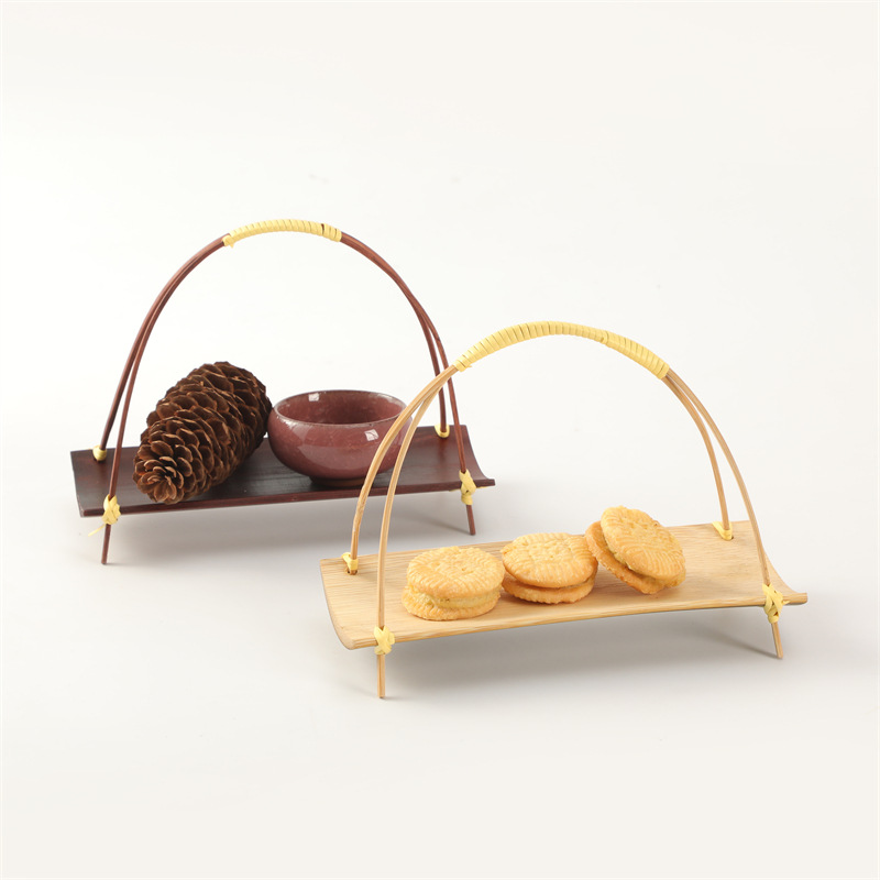 Handmade Bamboo Slatted Handle Basket Chinese Ancient Style Tea Snack Serving Tray Wedding Decor Basket Bamboo Product