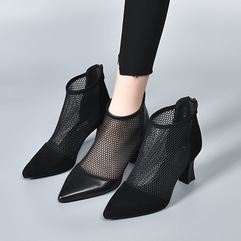Sandal lưới khoét lỗ mũi nhọn cao gót 6,5 cm — Da cừu mờ + sợi lưới 6,5 cm Gót