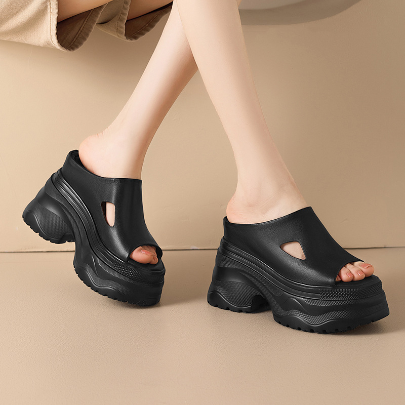 Sandal cao gót nữ hở mũi đế dày 12 cm, phong cách đường phố — màu đen, Trắng kem-