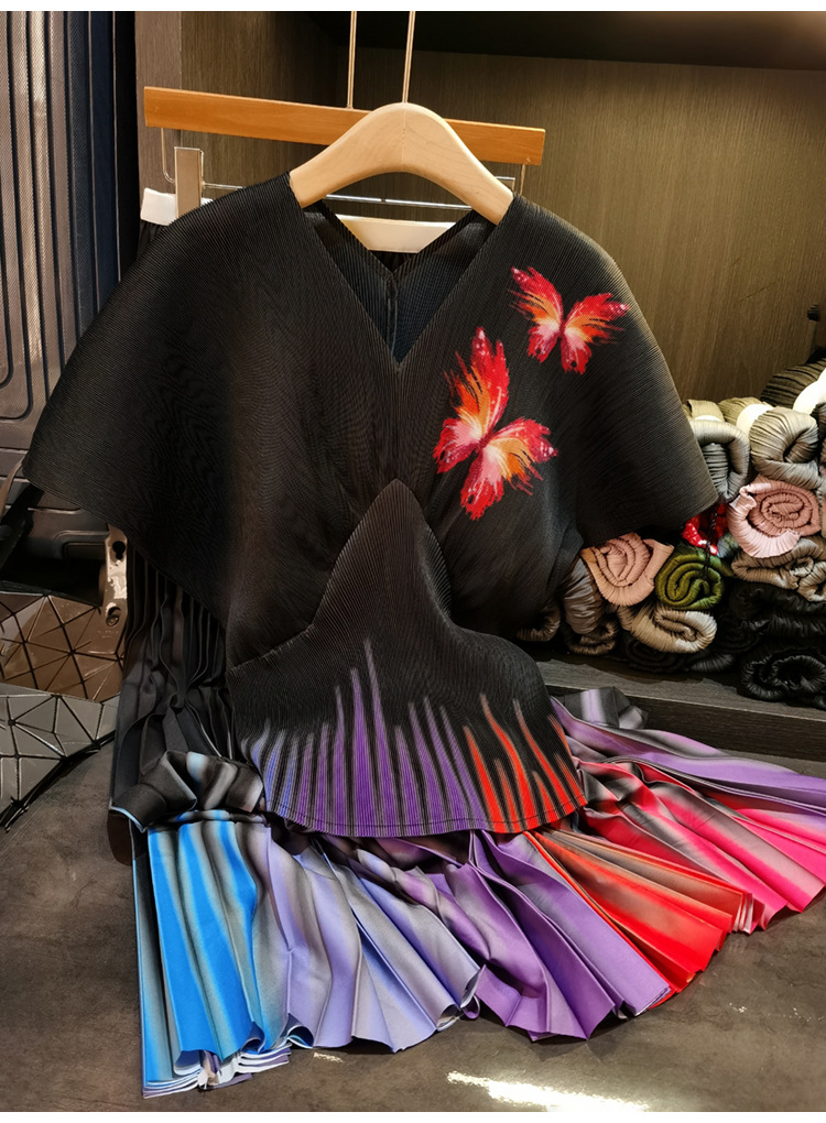 Elegant Butterfly Print Two Piece Set For Women V-Neck Short Sleeve Top & Pleated Midi Skirt Casual Mid-Calf Length Polyester_ecoleips.com