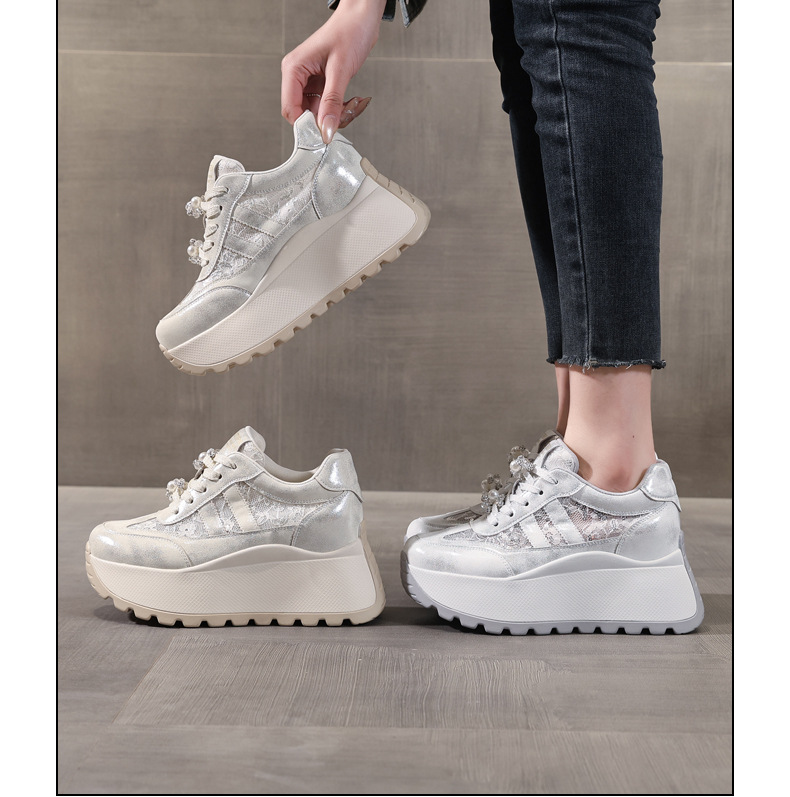 Giày sneaker nữ chunky đế dày lưới thoáng khí tăng chiều cao phong cách cổ điển — màu be chi tiết 17