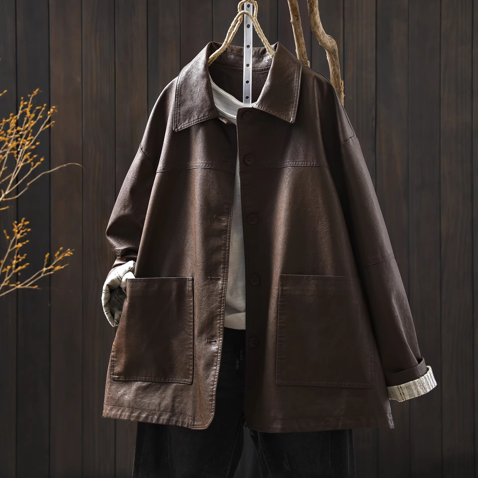 Early Autumn American Retro Leather Jacket for Women 2025 New Style Large Pocket Loose Versatile Lapel Leather Jacket