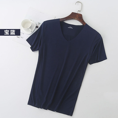 冰絲無痕短袖t恤男v領夏季薄款彈力修身上衣純色速幹運動半袖體恤