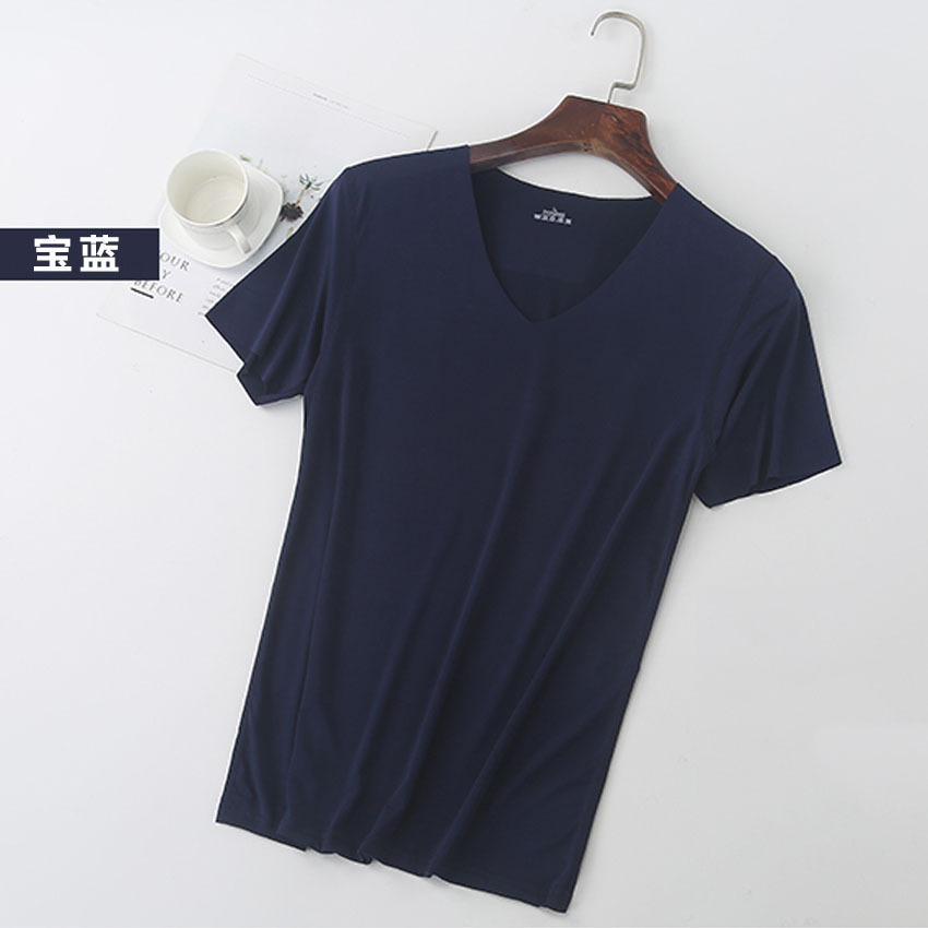 冰絲無痕短袖t恤男v領夏季薄款彈力修身上衣純色速幹運動半袖體恤
