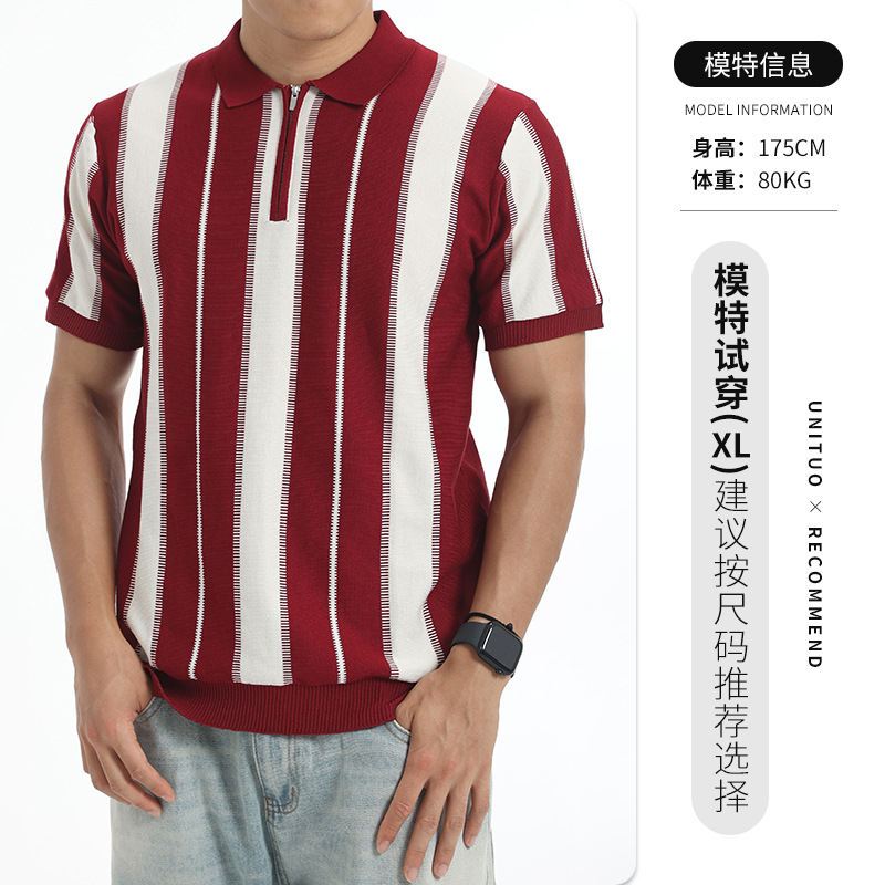 Verano Europa y América rayas verticales hielo tejedido polo camisa de hombre manga corta semia cremallera solapa contraste de color hombre de negocios