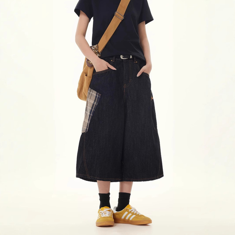 American Retro Plaid Patchwork Cargo Cropped Jeans for Men, Summer New Loose Wide-Leg Raw Denim Cropped Pants