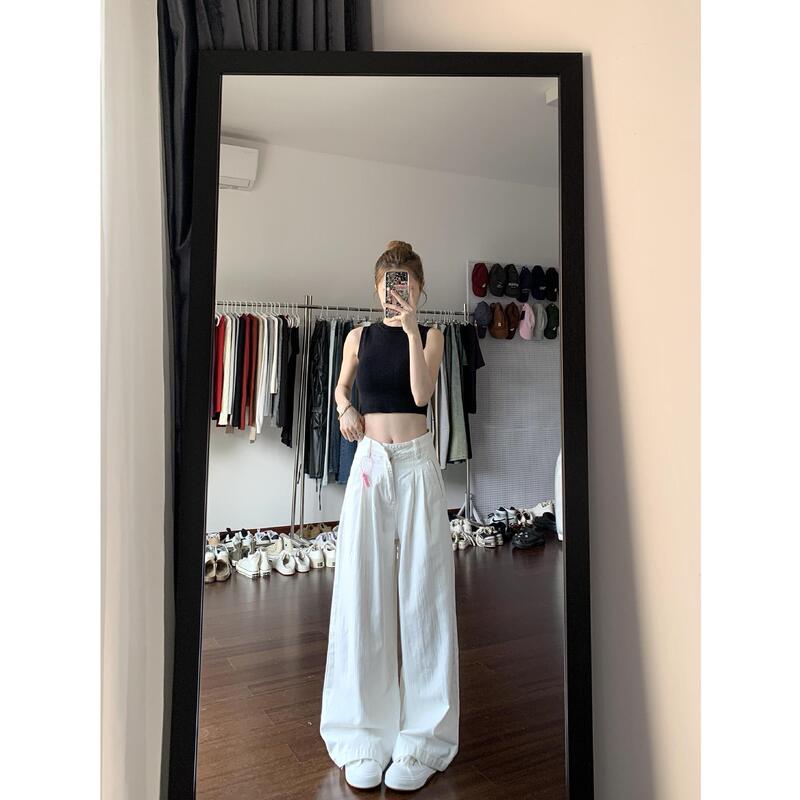 复古褶皱阔腿裤2025美式新款女垂感百搭慵懒设计感白色宽松牛仔裤|undefined