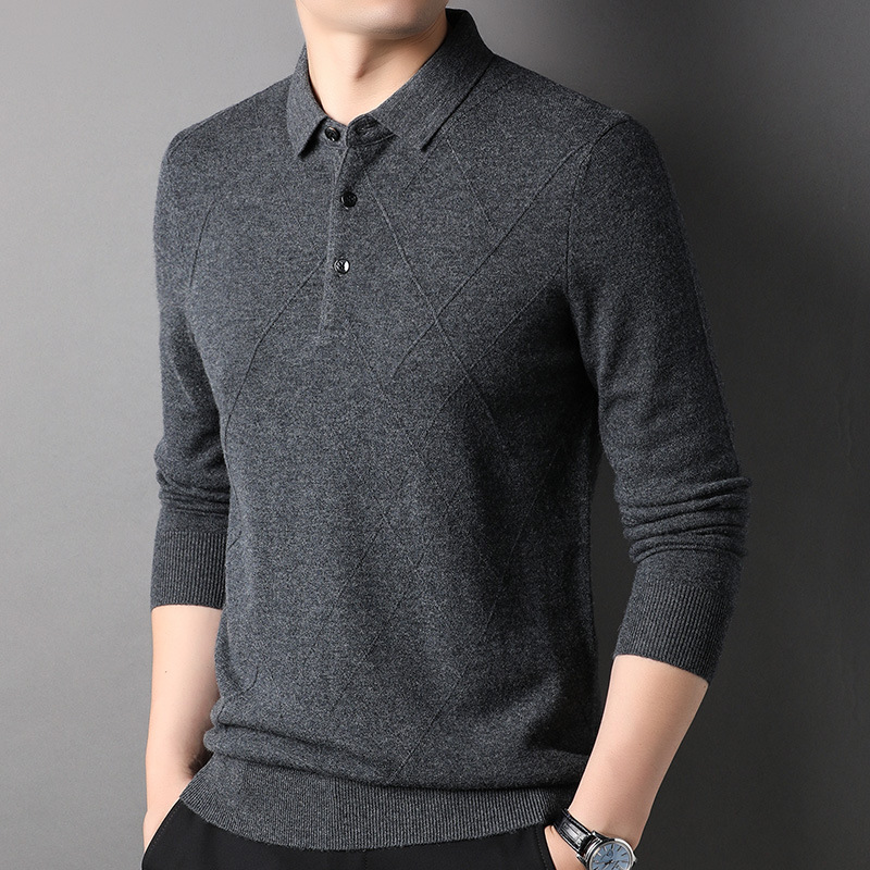 100 순수 양모 스웨터 남자 옷깃 스웨터 뉴 푸위안 스웨터 올 매치 니티드베이스 셔츠 탑
