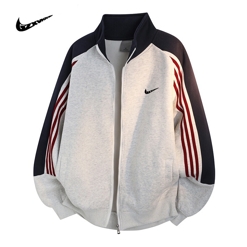 American-style retro color-block striped stand-up collar sweatshirt jacket, new spring/autumn collection, loose-fitting casual jacket, unisex