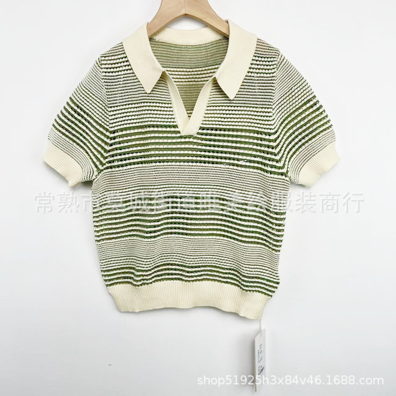 Skin-friendly knitted high quality Xiaohe 2023 ultra-fine cotton POLO collar striped hollow knit sweater 1231C2008802