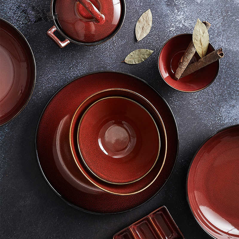 LZ Luxang cerámica horno de platos rojos coloridos horno de cubiertos de lujo ligero ensalada de frutas americana platos de platos para el hogar