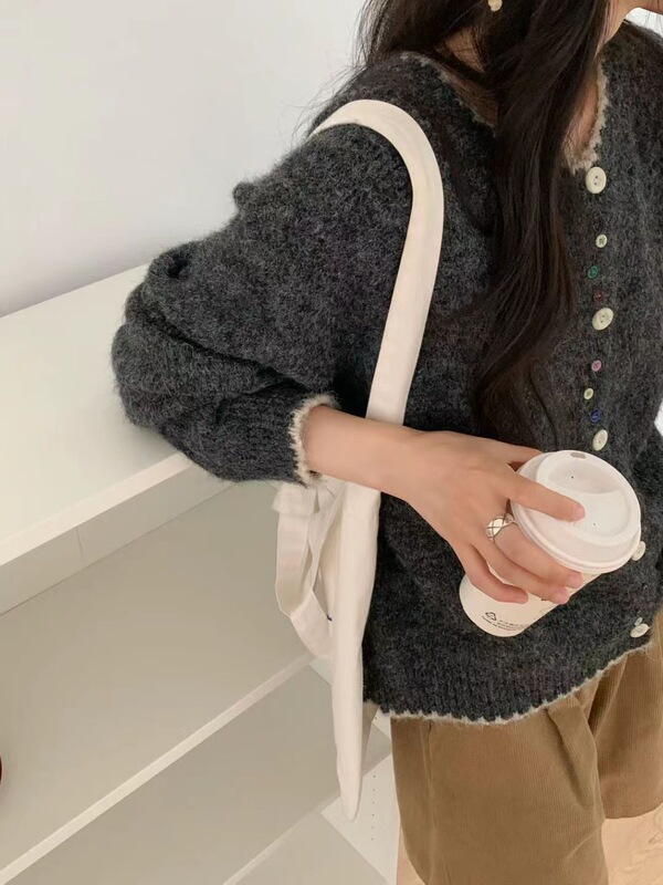 韩版彩扣撞色软糯百搭针织长袖开衫女秋冬新款宽松显瘦圆领毛衣潮|undefined