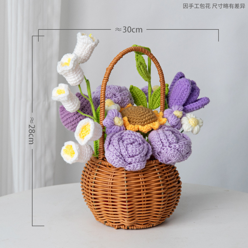 郁金香玫瑰针织花束手提花篮插花摆件闺蜜生日乔迁礼物装饰摆件花|undefined