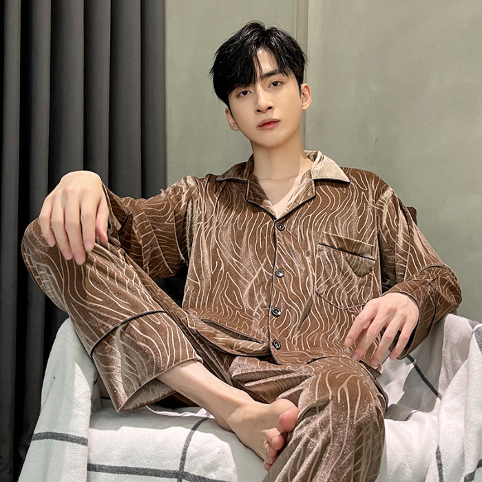 2025 pijama hombre otoño invierno terciopelo dorado calentamiento cardigan juvenil simple casual manga larga ropa de casa set de cabello