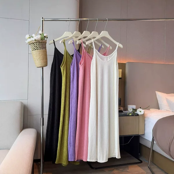 【Quality Style】French Sweet Style Summer Plus Size Pleated Loose Strap Dress, Lazy Style Solid Color Long Dress