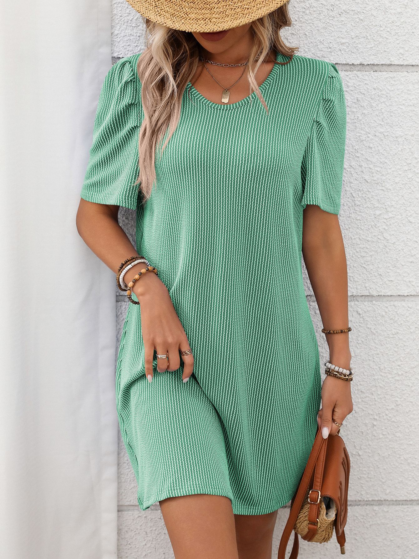 Summer Women Clothing Contrast Color Twist Strip Puff Sleeve Mid Length Dress