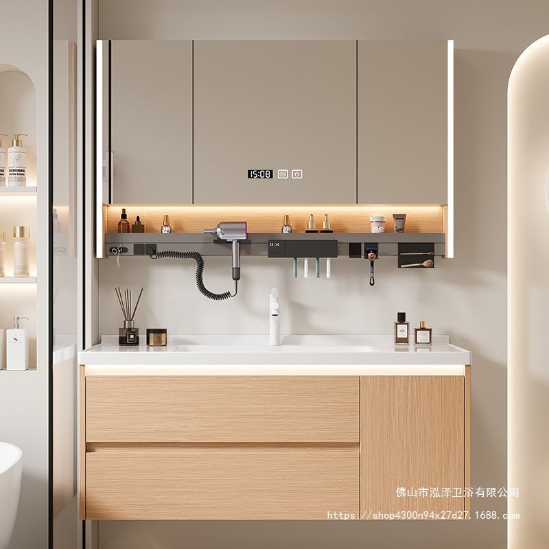 Wooden Color Bathroom Cabinet Modern Simple Smart Hand Wash Basin Cabinet Combination Ceramic Integrated Washstand Bathroom Cabinet