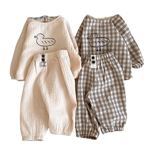 Baby cute cartoon duck suit linen cotton top pants Korean children's clothing baby casual plaid two-piece set
